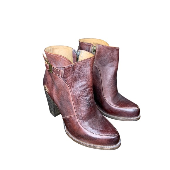 Bed Stu Cobbler Isla 8 Burgundy Leather Ankle Boots Women's Heel Buckle Detail - Picture 1 of 15